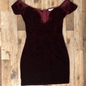 Maroon Velvet Off The Shoulder Mini Dress